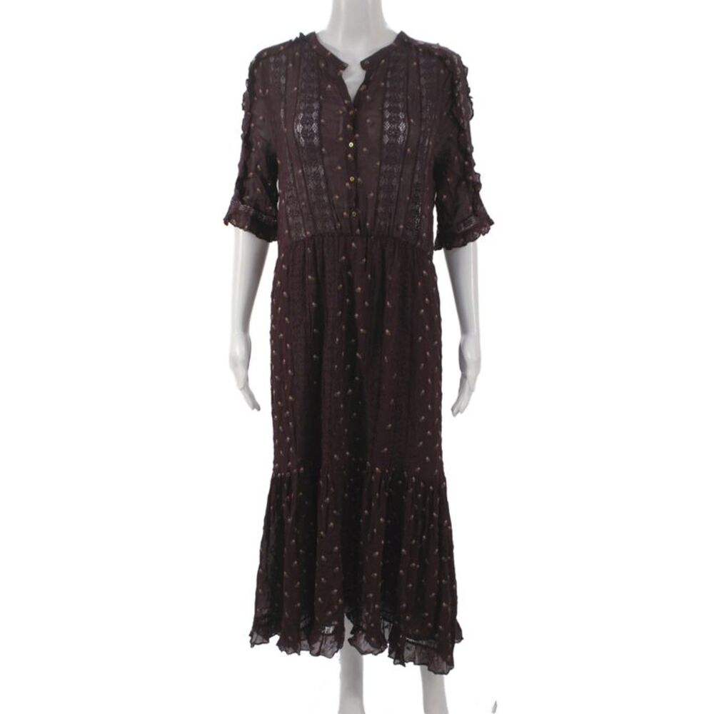 Ulla Johnson Women Maxi Dress Purple Floral Viscose Henley Half Sleeve Size 8